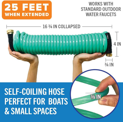 15FT Coiled Boat Hose, Expandable Coil Water Hose, Marine Grade 3/4 Inch