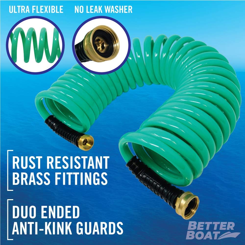 15FT Coiled Boat Hose, Expandable Coil Water Hose, Marine Grade 3/4 Inch