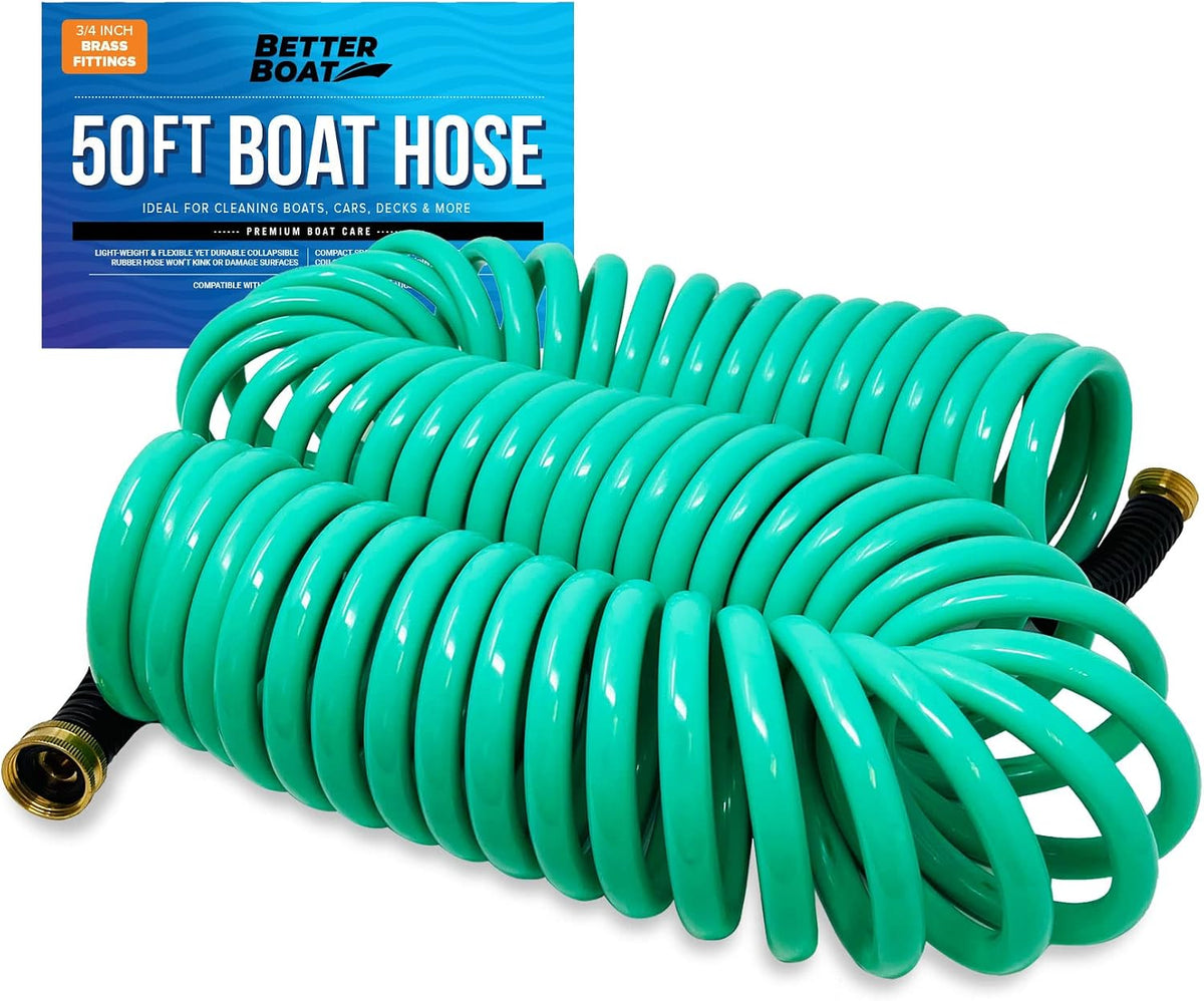 15FT Coiled Boat Hose, Expandable Coil Water Hose, Marine Grade 3/4 Inch