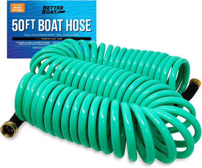 15FT Coiled Boat Hose, Expandable Coil Water Hose, Marine Grade 3/4 Inch