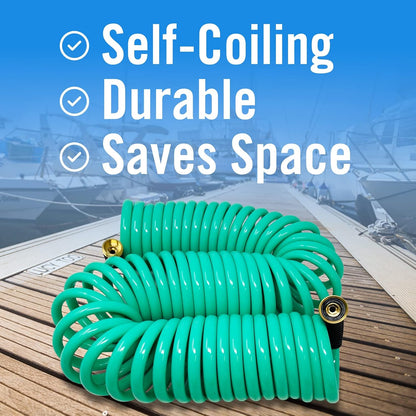 15FT Coiled Boat Hose, Expandable Coil Water Hose, Marine Grade 3/4 Inch