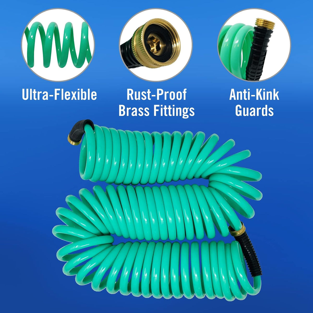 15FT Coiled Boat Hose, Expandable Coil Water Hose, Marine Grade 3/4 Inch