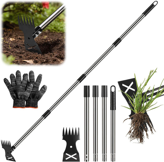 Weed Puller Tool with Long Handle - Adjustable Length Manual Weeder Remover Tool, 2 in 1 Hand Weed Rake and Garden Hoe for Gardening, Uprooting Weeding Tool for Yard, Lawn, Patio, Garden
