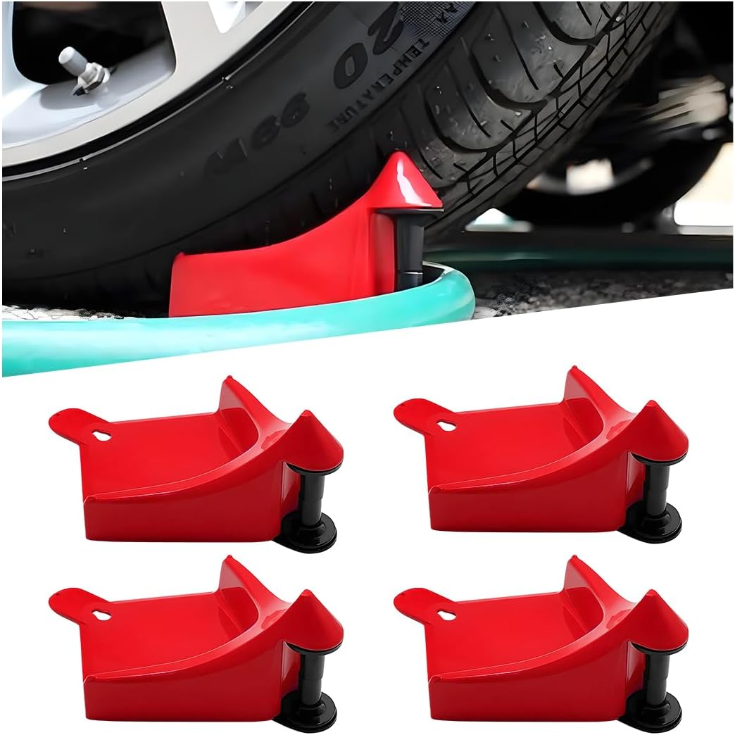 4PCS Car Hose Guide, Vehicle Detailing Cleaning Tools Hose Guides Preventing Wash Stuck Under The Tires, Automotive Wheel Rolling System Tool for Washing, Universal Fit (Red)