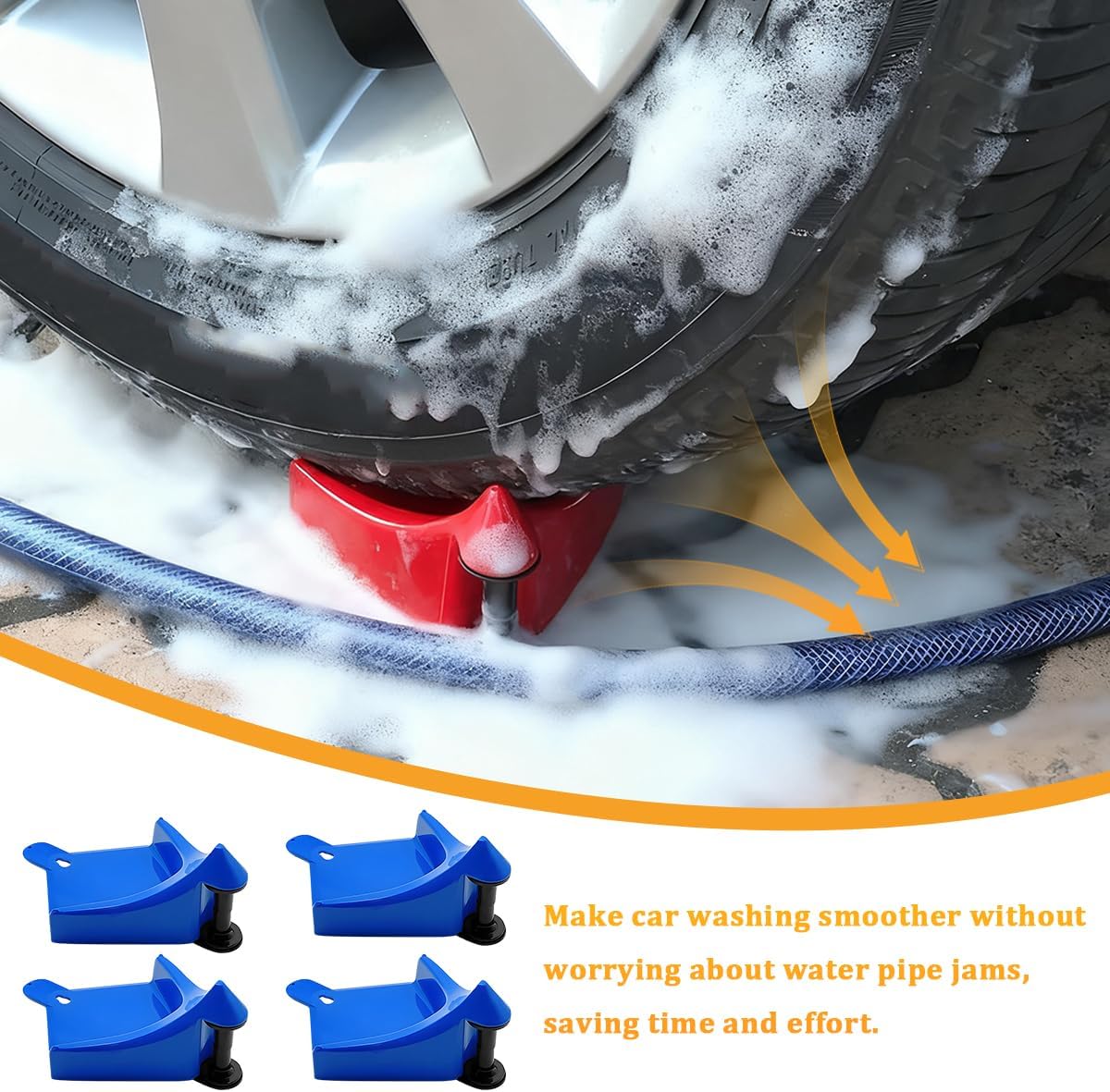 4PCS Car Hose Guide, Vehicle Detailing Cleaning Tools Hose Guides Preventing Wash Stuck Under The Tires, Automotive Wheel Rolling System Tool for Washing, Universal Fit (Red)