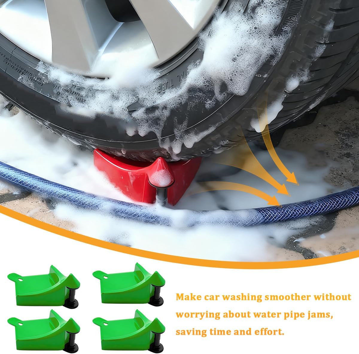 4PCS Car Hose Guide, Vehicle Detailing Cleaning Tools Hose Guides Preventing Wash Stuck Under The Tires, Automotive Wheel Rolling System Tool for Washing, Universal Fit (Red)