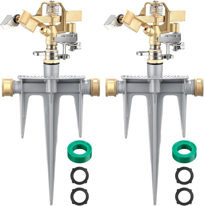 2 Pack Brass Impact Sprinklers for Yard Adjustable Lawn Sprinkler with Heavy Duty Brass Head and Aluminum Spike Base Tape Lawn Equipment for Large Area Yard Patio Garden Irrigation
