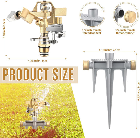 2 Pack Brass Impact Sprinklers for Yard Adjustable Lawn Sprinkler with Heavy Duty Brass Head and Aluminum Spike Base Tape Lawn Equipment for Large Area Yard Patio Garden Irrigation
