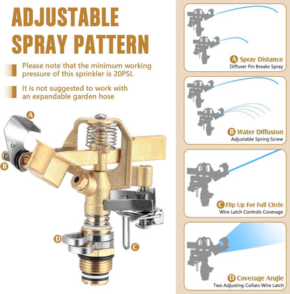 2 Pack Brass Impact Sprinklers for Yard Adjustable Lawn Sprinkler with Heavy Duty Brass Head and Aluminum Spike Base Tape Lawn Equipment for Large Area Yard Patio Garden Irrigation