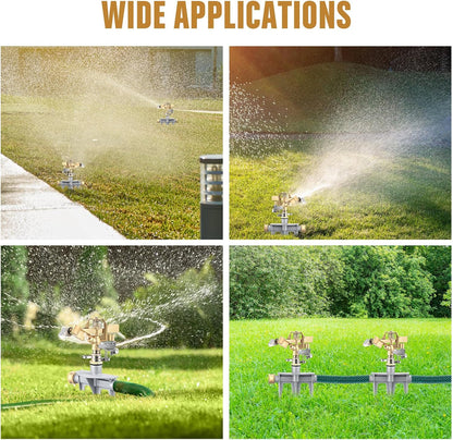 2 Pack Brass Impact Sprinklers for Yard Adjustable Lawn Sprinkler with Heavy Duty Brass Head and Aluminum Spike Base Tape Lawn Equipment for Large Area Yard Patio Garden Irrigation