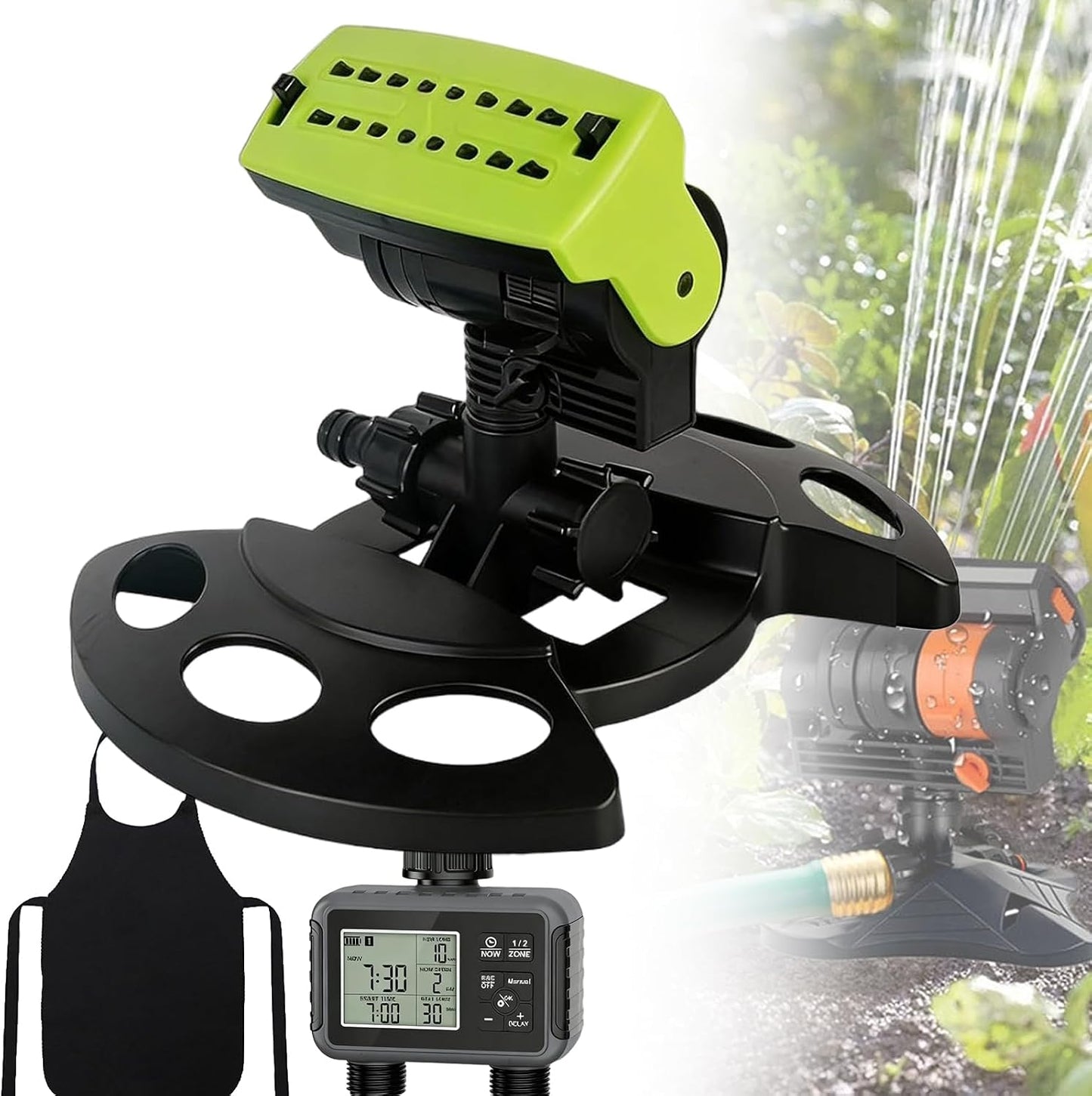 16-Nozzle Oscillating Sprinkler with Dual-Zone Sprinkler Water Timer, 360°Rotating Lawn Sprinklers for Yard, Automatic Irrigation System, for Lawn Yard Garden Watering (Green)