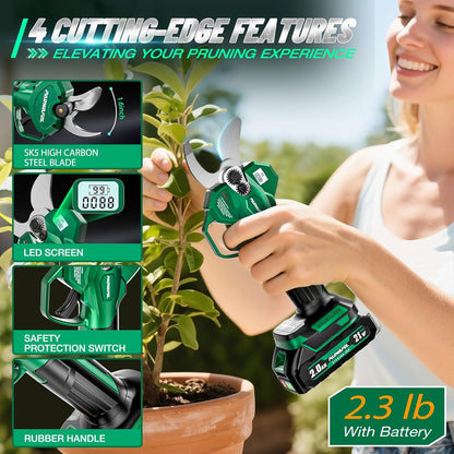 Electric Pruning Shears, 1.6" (41mm) Cordless Power Pruner with LCD Display, Brushless Motor, 2x2000mAh Batteries, 2xSK5 Blades, Battery Powered Branch Cutter for Garden Trimming