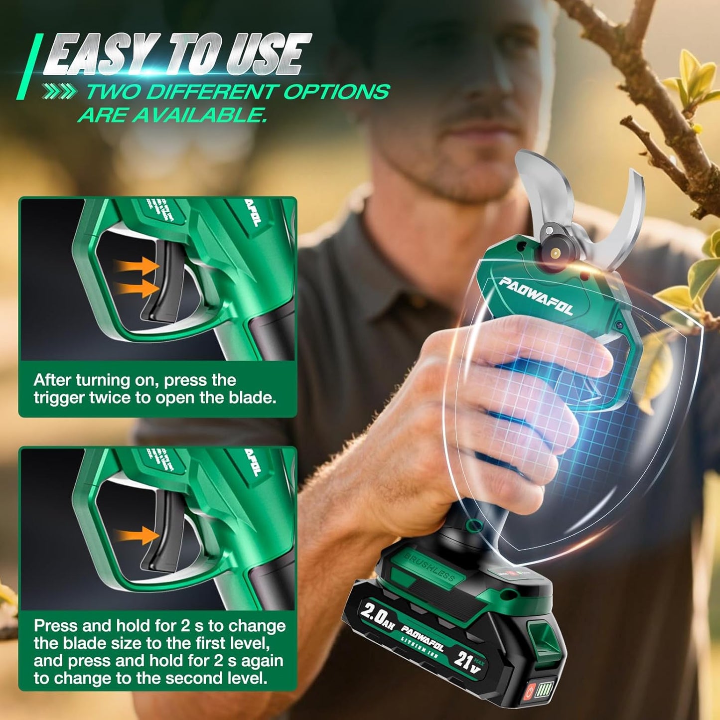 Electric Pruning Shears, 1.6" (41mm) Cordless Power Pruner with LCD Display, Brushless Motor, 2x2000mAh Batteries, 2xSK5 Blades, Battery Powered Branch Cutter for Garden Trimming