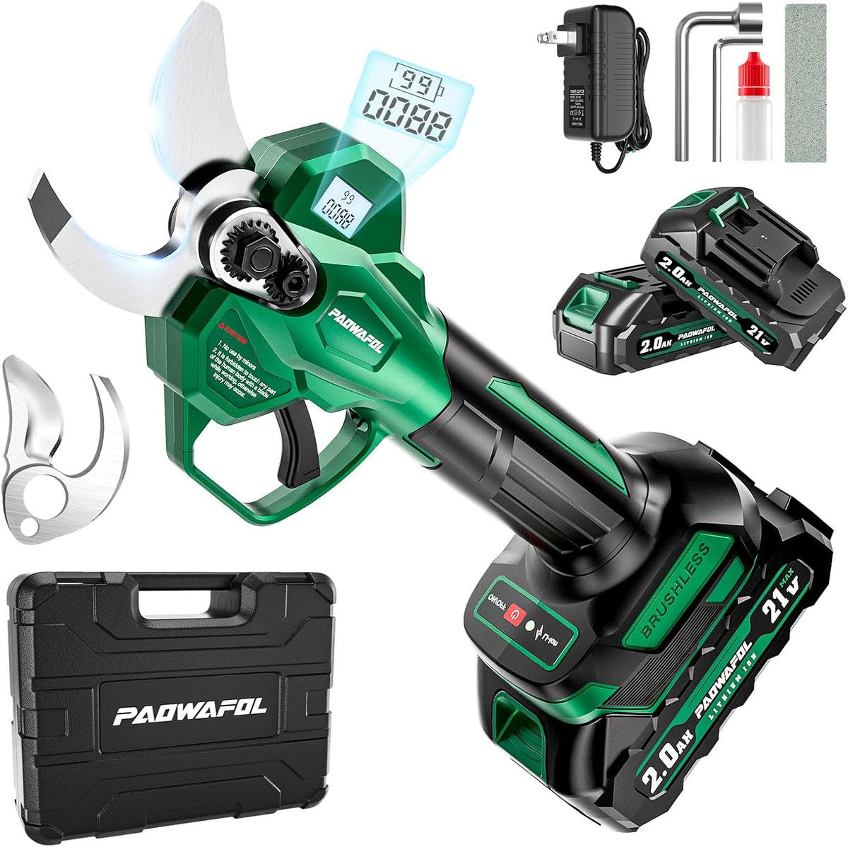 Electric Pruning Shears, 1.6" (41mm) Cordless Power Pruner with LCD Display, Brushless Motor, 2x2000mAh Batteries, 2xSK5 Blades, Battery Powered Branch Cutter for Garden Trimming
