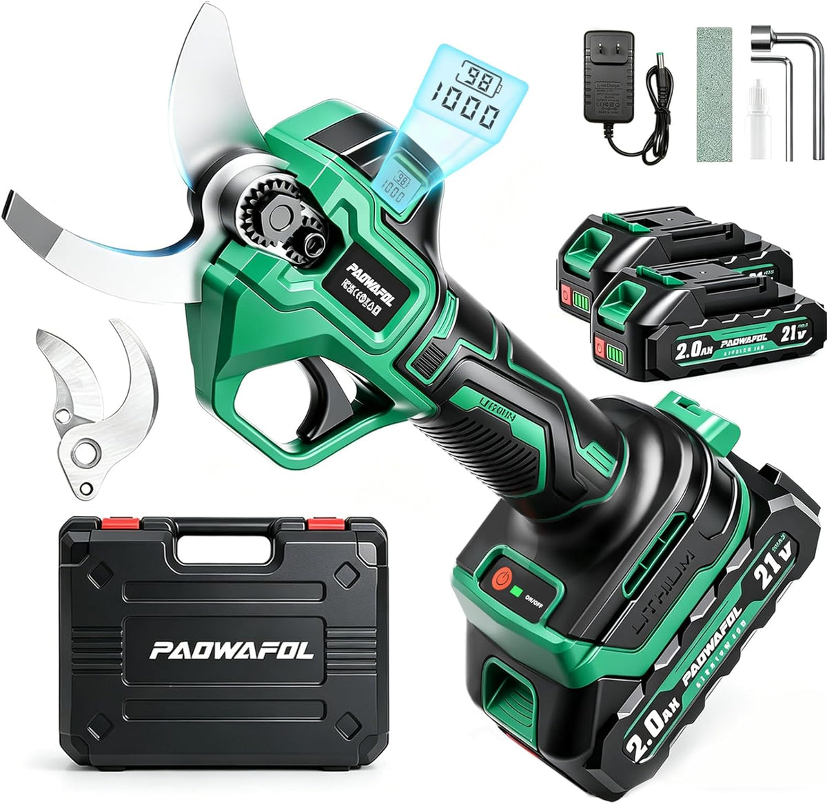 Electric Pruning Shears, 1.6" (41mm) Cordless Power Pruner with LCD Display, Brushless Motor, 2x2000mAh Batteries, 2xSK5 Blades, Battery Powered Branch Cutter for Garden Trimming