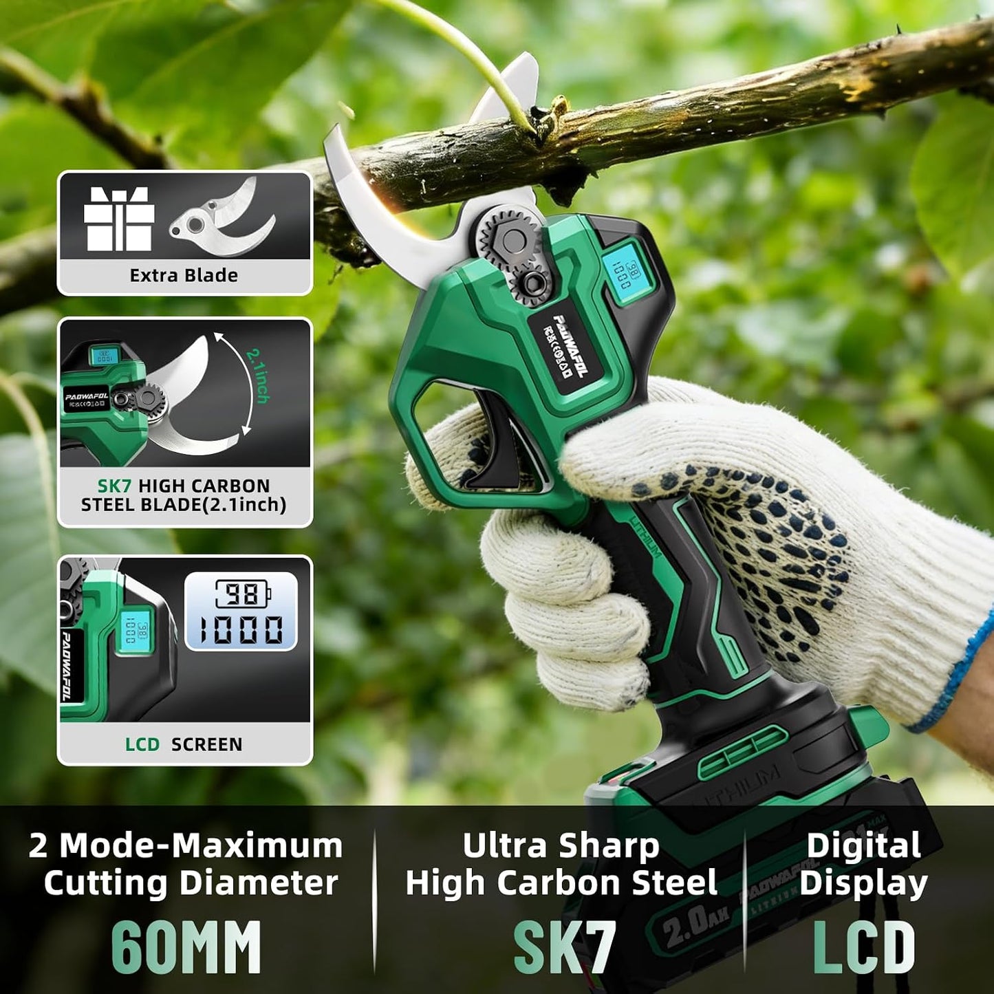 Electric Pruning Shears, 1.6" (41mm) Cordless Power Pruner with LCD Display, Brushless Motor, 2x2000mAh Batteries, 2xSK5 Blades, Battery Powered Branch Cutter for Garden Trimming