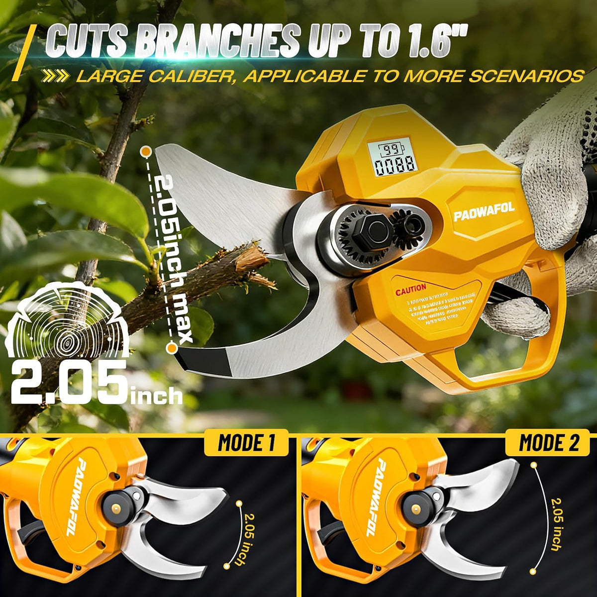 Electric Pruning Shears, 1.6" (41mm) Cordless Power Pruner with LCD Display, Brushless Motor, 2x2000mAh Batteries, 2xSK5 Blades, Battery Powered Branch Cutter for Garden Trimming