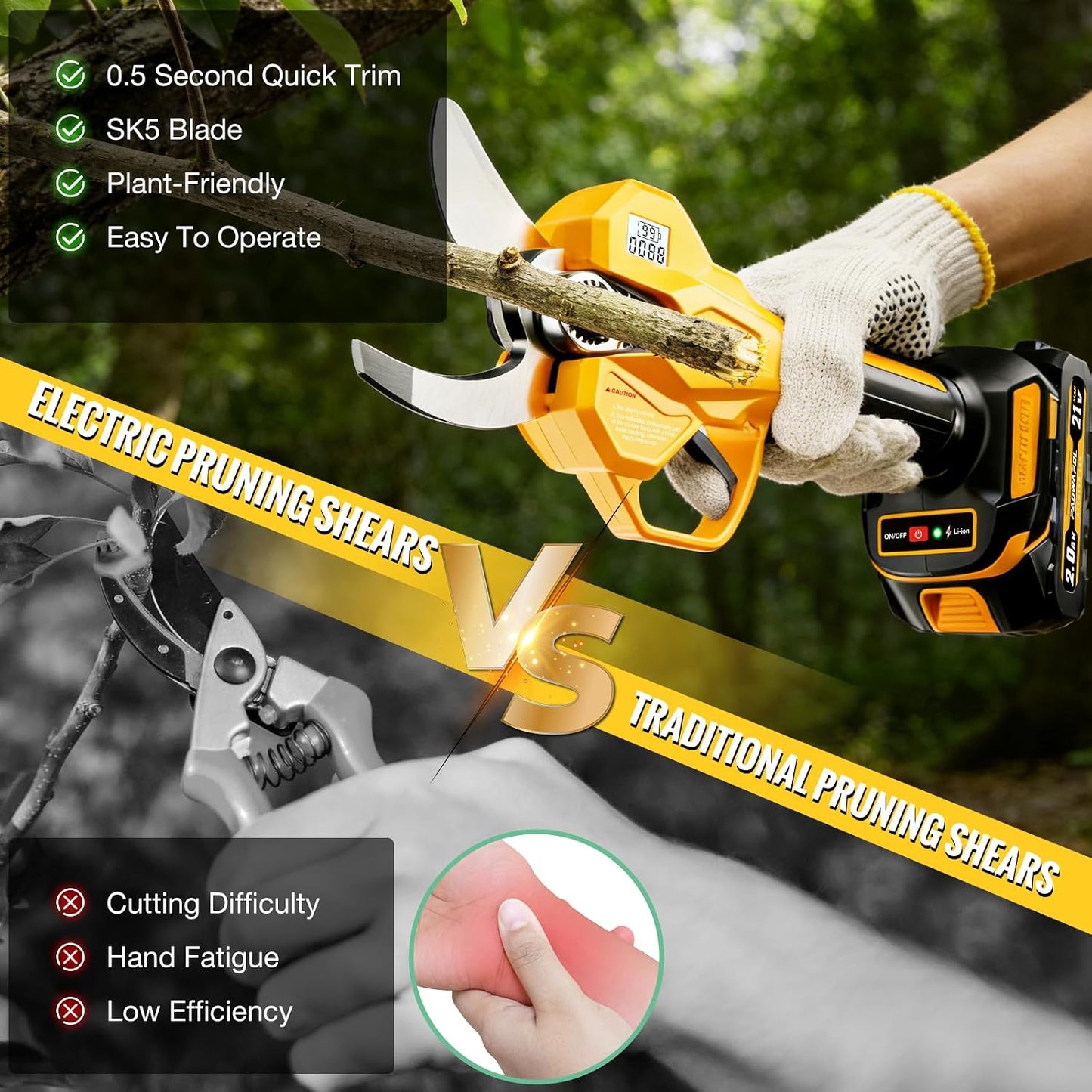 Electric Pruning Shears, 1.6" (41mm) Cordless Power Pruner with LCD Display, Brushless Motor, 2x2000mAh Batteries, 2xSK5 Blades, Battery Powered Branch Cutter for Garden Trimming