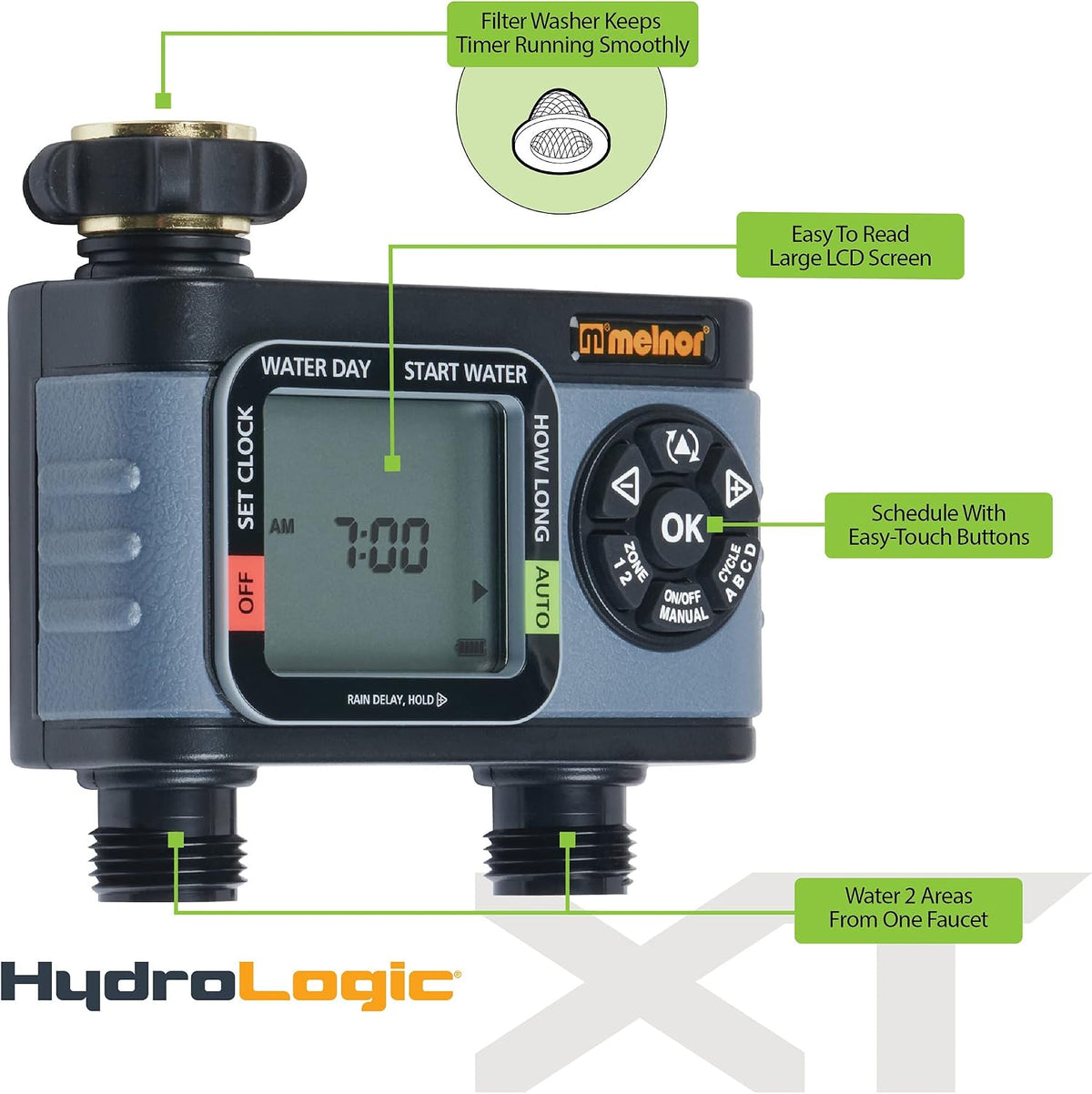 65166AMZ HydroLogic Digital Hose Timer, 2-Zone Programmable Watering Timer, Quick Connect Bundle, Black, Grey