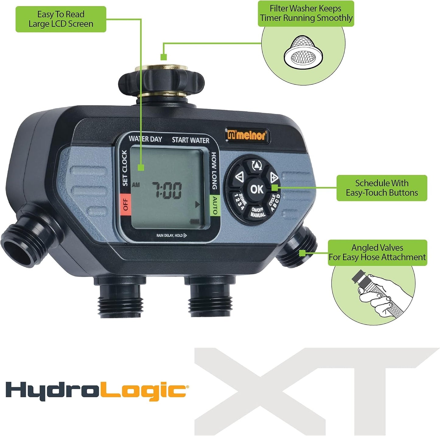 65166AMZ HydroLogic Digital Hose Timer, 2-Zone Programmable Watering Timer, Quick Connect Bundle, Black, Grey