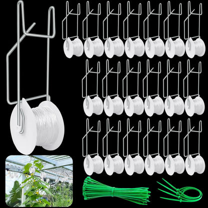 20Pack Tomato Trellis Roller Hooks,Greenhouse Trellising Kit with 100Pcs String Zip Ties for Tomatoes,Vine Twine Crop,Vegetable,Flower
