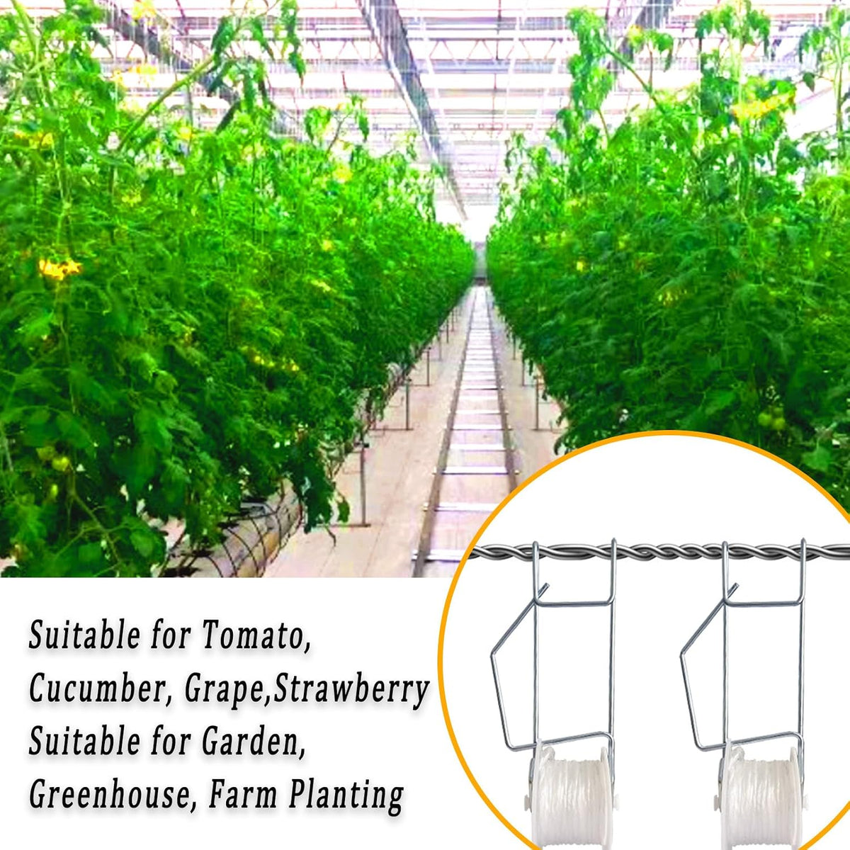 20Pack Tomato Trellis Roller Hooks,Greenhouse Trellising Kit with 100Pcs String Zip Ties for Tomatoes,Vine Twine Crop,Vegetable,Flower