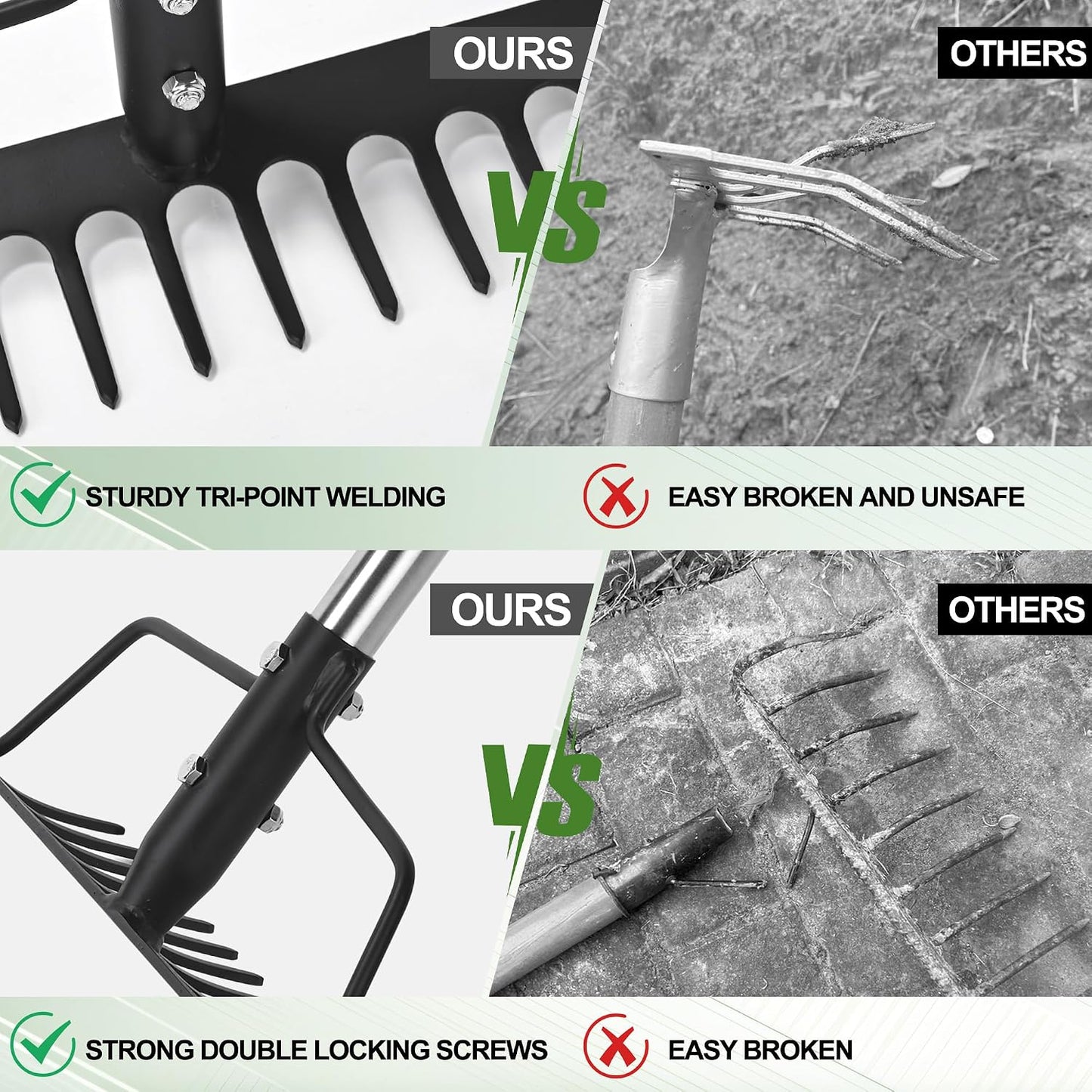 16" Wide Bow Rake, Adjustable Garden Rake for Lawn & Yard