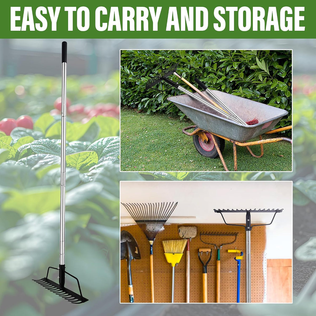 16" Wide Bow Rake, Adjustable Garden Rake for Lawn & Yard