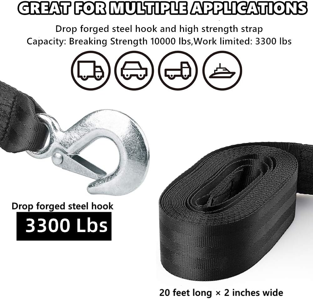 Trailer Winch Strap 2" x 20' with Safety Snap Hook 10000 lbs for Towing Vehicles, Boats and Jet Ski | Polyester | Longer Warranty