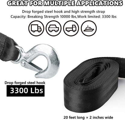 Trailer Winch Strap 2" x 20' with Safety Snap Hook 10000 lbs for Towing Vehicles, Boats and Jet Ski | Polyester | Longer Warranty