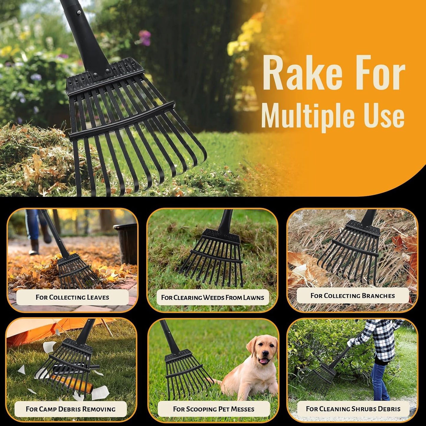 Small Rakes for Garden Beds,11 Tines Heavy Duty Metal Yard Hand Rake with 63in Adjustable Handle,Ideal Gardening Rakes for Gathering Leaves,Shrub,Dog Poop,Garden Flower Beds
