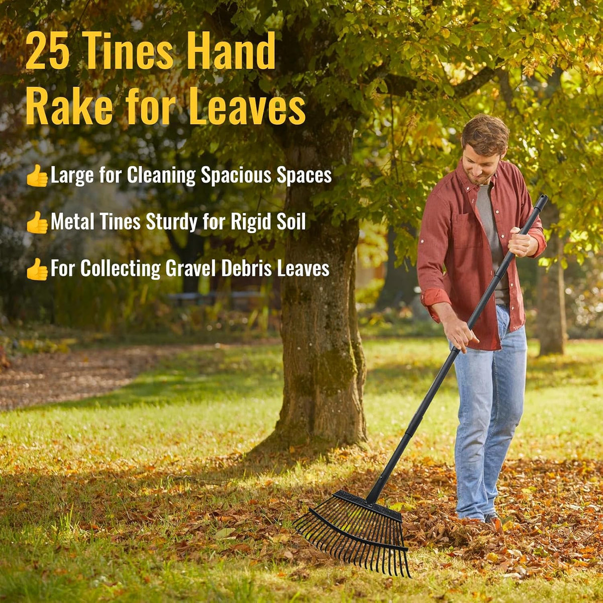 Small Rakes for Garden Beds,11 Tines Heavy Duty Metal Yard Hand Rake with 63in Adjustable Handle,Ideal Gardening Rakes for Gathering Leaves,Shrub,Dog Poop,Garden Flower Beds