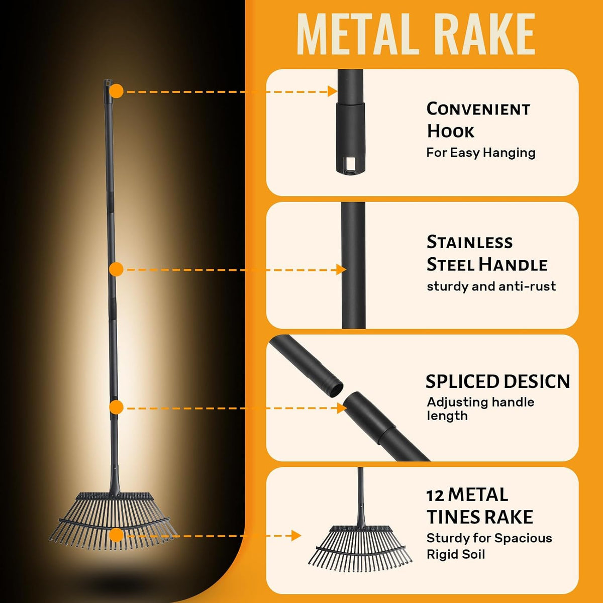 Small Rakes for Garden Beds,11 Tines Heavy Duty Metal Yard Hand Rake with 63in Adjustable Handle,Ideal Gardening Rakes for Gathering Leaves,Shrub,Dog Poop,Garden Flower Beds