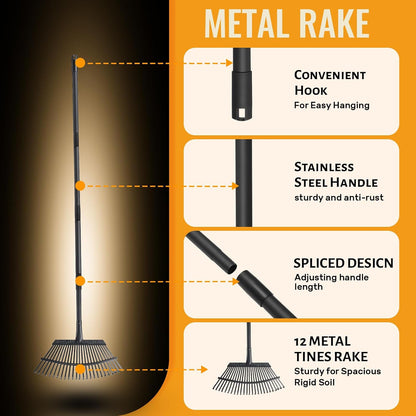 Small Rakes for Garden Beds,11 Tines Heavy Duty Metal Yard Hand Rake with 63in Adjustable Handle,Ideal Gardening Rakes for Gathering Leaves,Shrub,Dog Poop,Garden Flower Beds