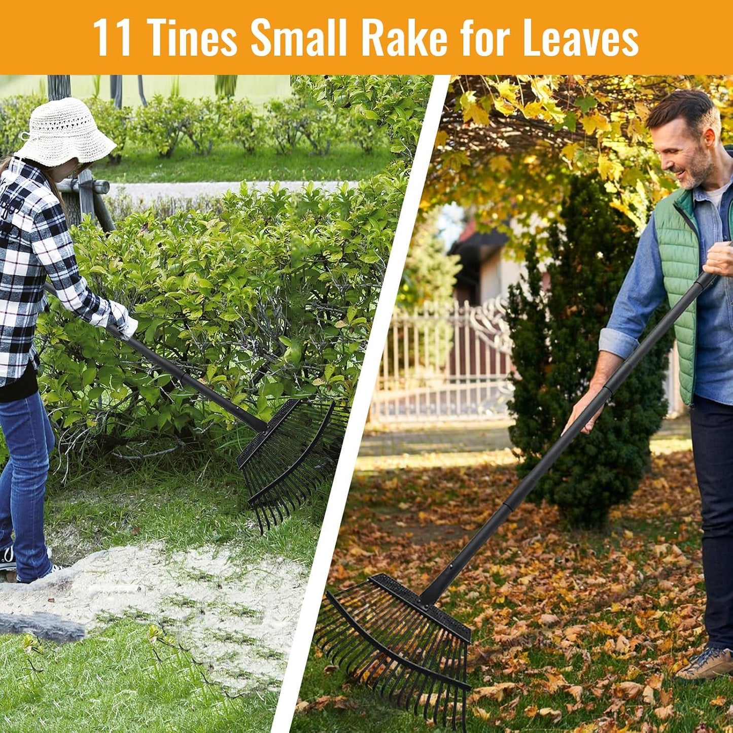 Small Rakes for Garden Beds,11 Tines Heavy Duty Metal Yard Hand Rake with 63in Adjustable Handle,Ideal Gardening Rakes for Gathering Leaves,Shrub,Dog Poop,Garden Flower Beds