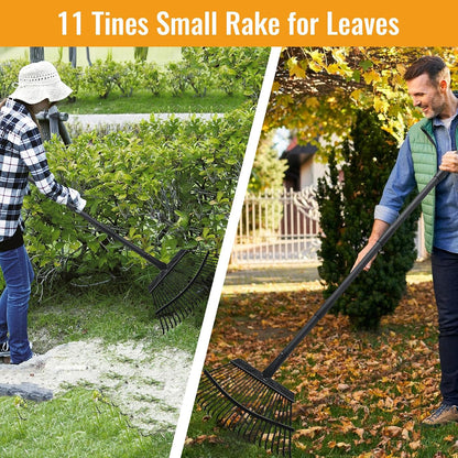 Small Rakes for Garden Beds,11 Tines Heavy Duty Metal Yard Hand Rake with 63in Adjustable Handle,Ideal Gardening Rakes for Gathering Leaves,Shrub,Dog Poop,Garden Flower Beds