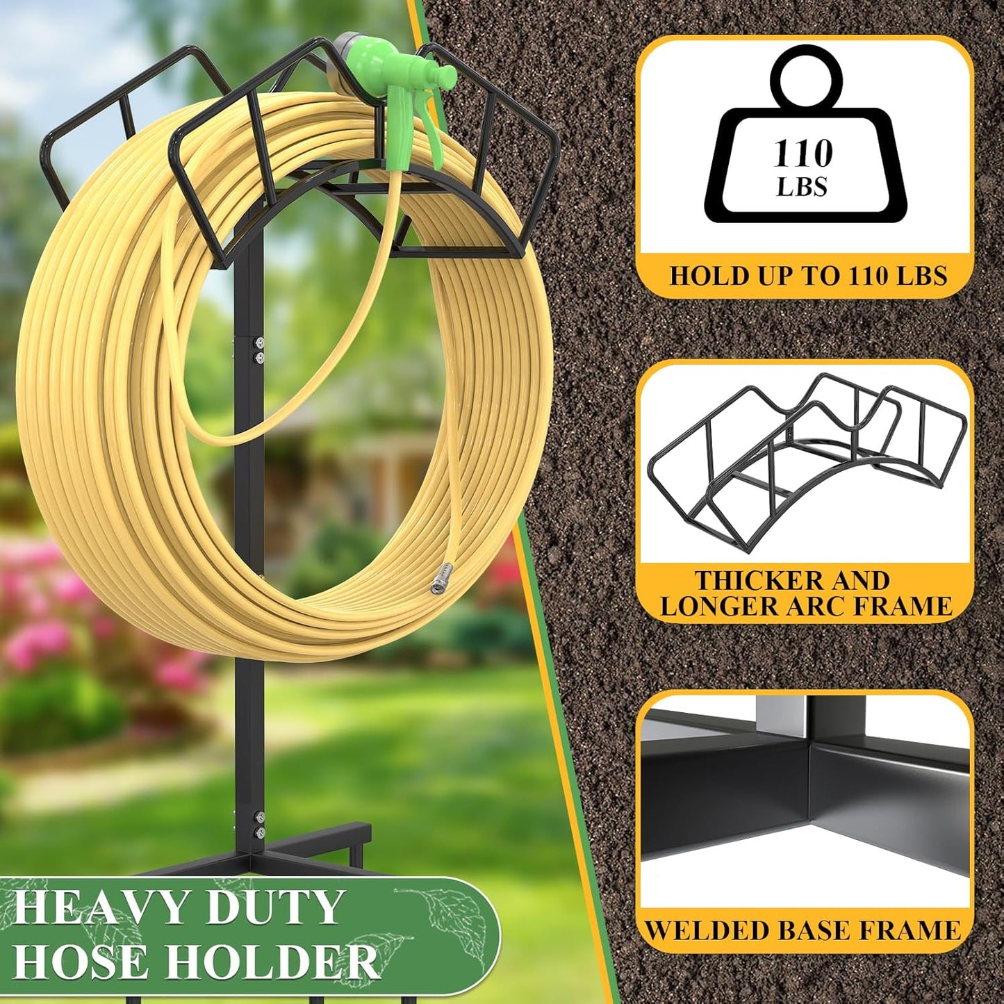 Heavy Duty Garden Hose Holder, Water Hose Storage Holds 150ft Black