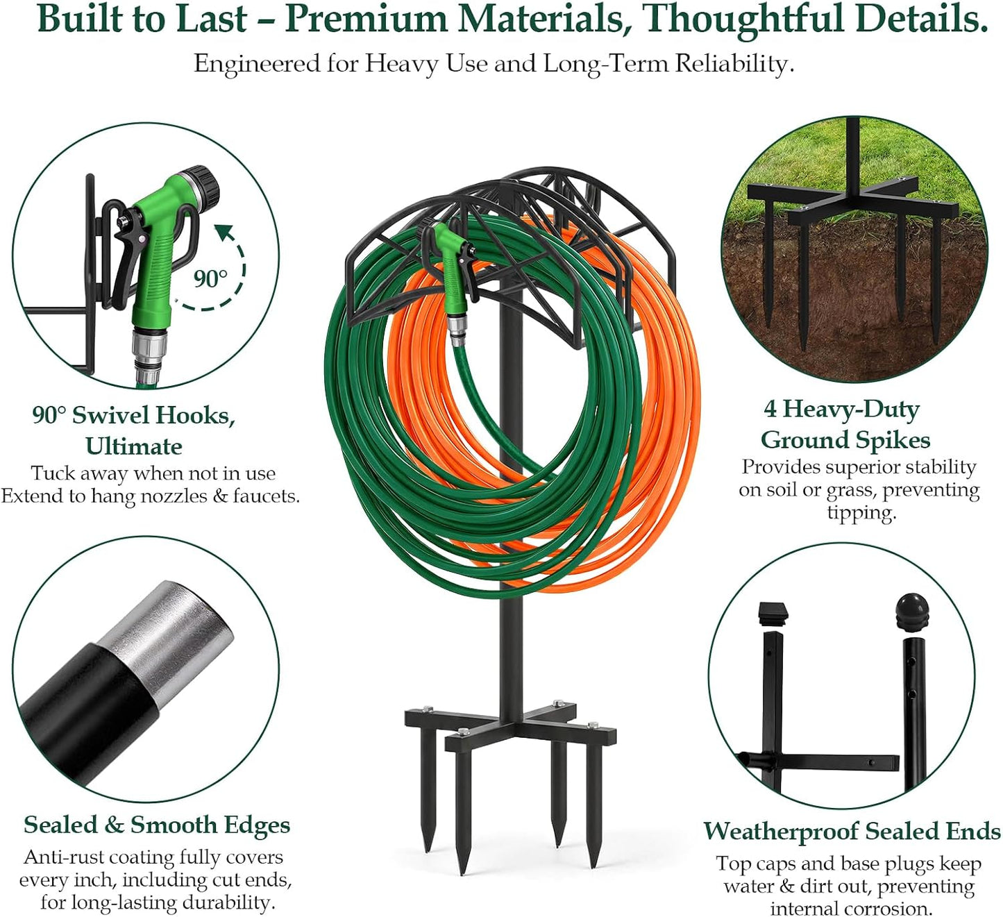Garden Water Hose Holder Freestanding,Wall Mount with 90° Rotatable Hook