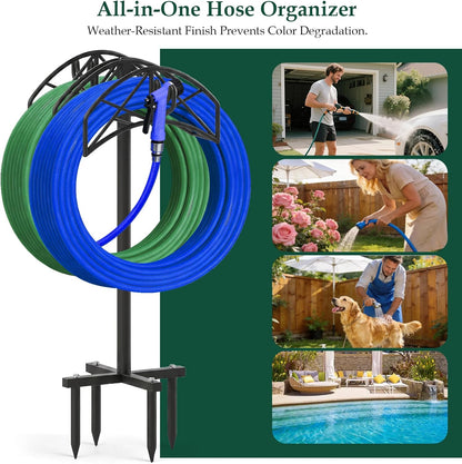 Garden Water Hose Holder Freestanding,Wall Mount with 90° Rotatable Hook