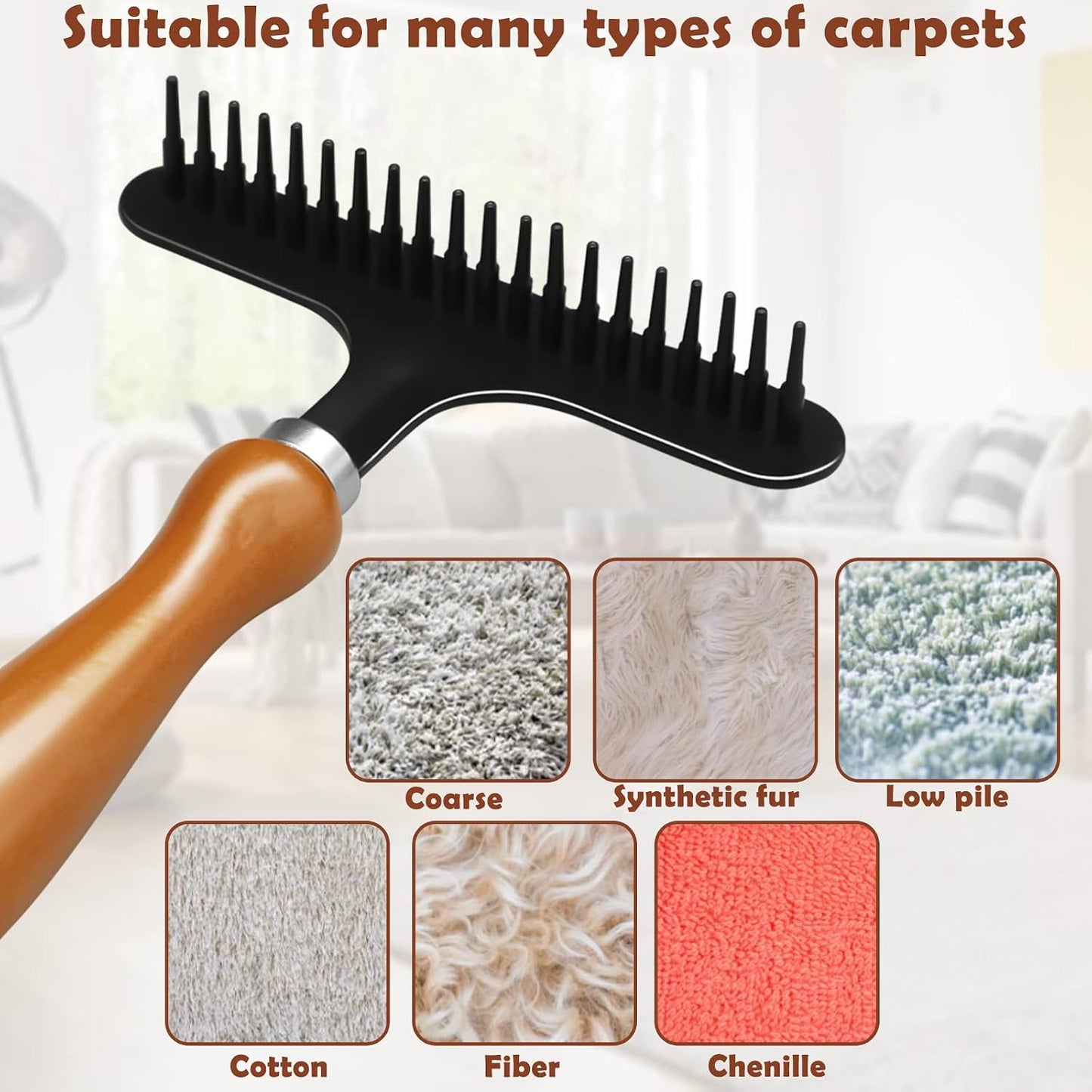 Portable Carpet Rake, Matted & Shag Rug Rake, 6.0 x 4.3 inches, Black