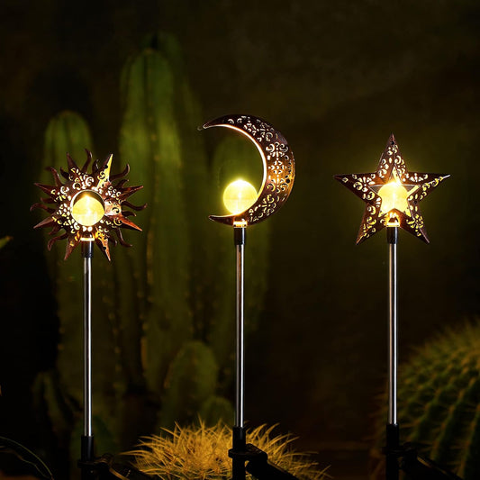 Solar Garden Stake Lights, Moon Sun Star Yard Decorations Outdoor 3 Pack Solar Garden Decor for Lawn, Pathway, Flower Bed, Memorial Garden, Patio Outdoor Gifts for Mom, Loved Ones