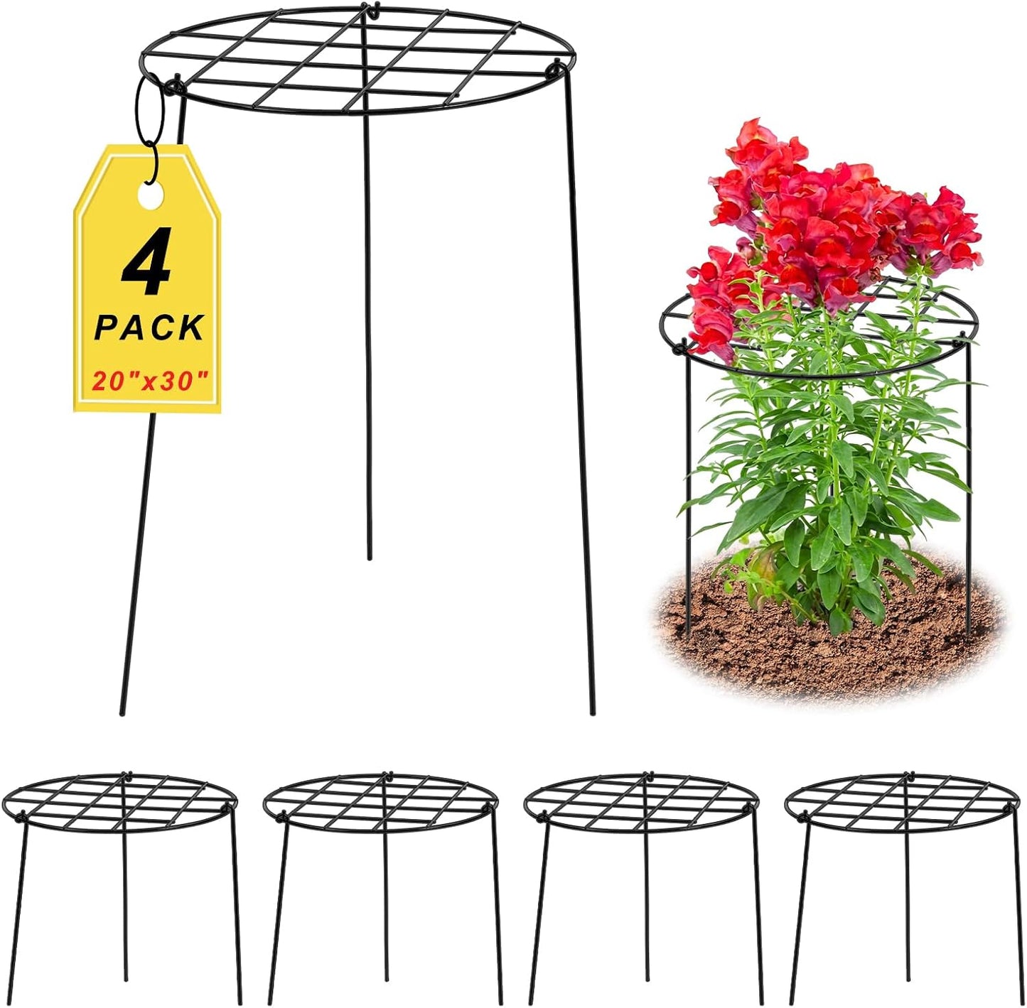 4 Pack Round Peony Cages and Supports 20 x 30 Inches (D x H) Grow Through Grid Plant Brace Plant Support Stake Heavy Duty Metal Flower Support Rings for Rose Tomato Hydrangea Strawberry