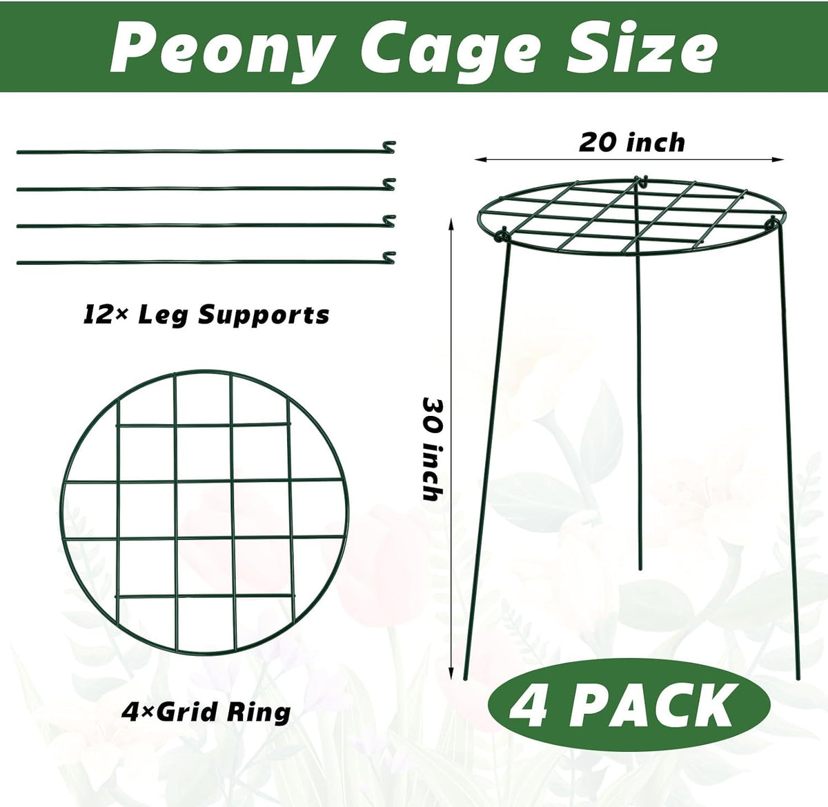 4 Pack Round Peony Cages and Supports 20 x 30 Inches (D x H) Grow Through Grid Plant Brace Plant Support Stake Heavy Duty Metal Flower Support Rings for Rose Tomato Hydrangea Strawberry