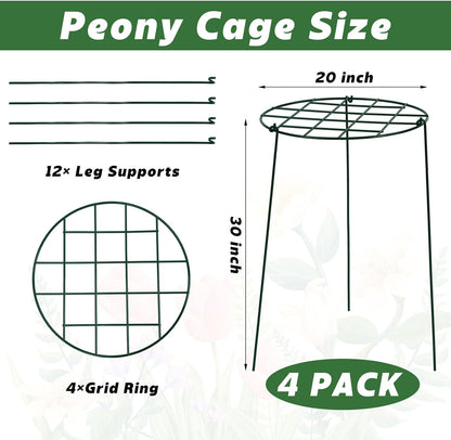 4 Pack Round Peony Cages and Supports 20 x 30 Inches (D x H) Grow Through Grid Plant Brace Plant Support Stake Heavy Duty Metal Flower Support Rings for Rose Tomato Hydrangea Strawberry