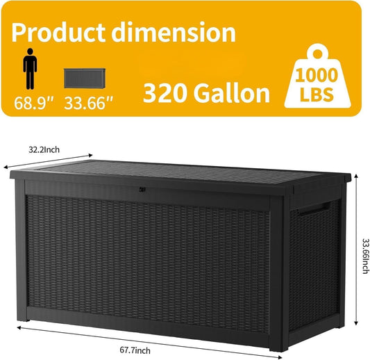 Outdoor Storage Box 325GAL Waterproof Resin Deck Box,Pool Accessories Supplies，UV-Resistant Lockable Package Delivery Bin for Garden Tools,Large Patio Outside Cushions,Chest,Furniture,Black