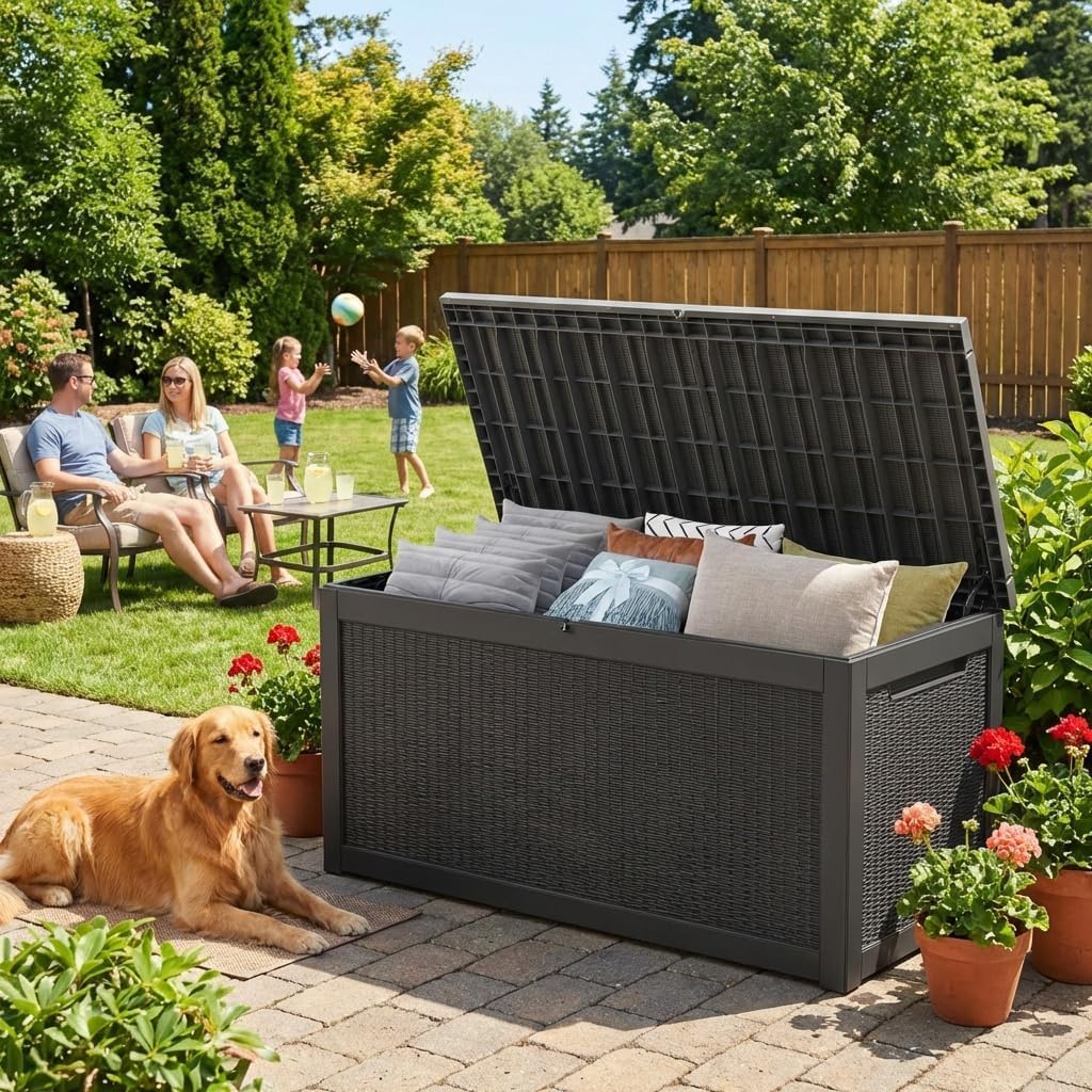 Outdoor Storage Box 325GAL Waterproof Resin Deck Box,Pool Accessories Supplies，UV-Resistant Lockable Package Delivery Bin for Garden Tools,Large Patio Outside Cushions,Chest,Furniture,Black