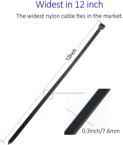 Cable Zip Ties Heavy Duty 12 Inch, Ultra Strong Plastic Wire Ties with 120 Pounds Tensile Strength, 100 Pieces, Nylon Tie Wraps with 0.3 Inch Width in Black & White, Indoor and Outdoor UV Resistant
