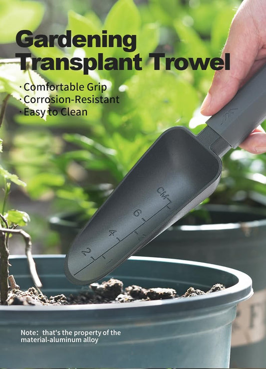 Aluminum Alloy Garden Trowel - Heavy Duty Hand Shovel with Laser Etched Measurement Marks, Rust Resistant Transplanter Tool with Ergonomic Grip for Weeding, Planting & Digging, Black