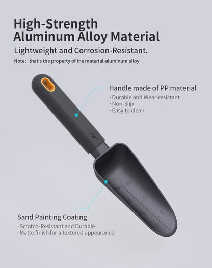 Aluminum Alloy Garden Trowel - Heavy Duty Hand Shovel with Laser Etched Measurement Marks, Rust Resistant Transplanter Tool with Ergonomic Grip for Weeding, Planting & Digging, Black
