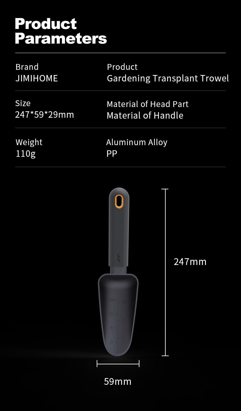 Aluminum Alloy Garden Trowel - Heavy Duty Hand Shovel with Laser Etched Measurement Marks, Rust Resistant Transplanter Tool with Ergonomic Grip for Weeding, Planting & Digging, Black